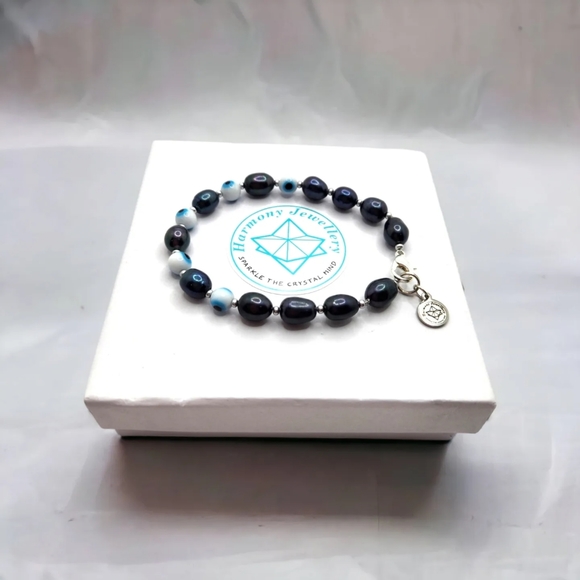 Black Freshwater Pearl, Evil Eye, Harmony charm clasp bracelet - Picture 3 of 4